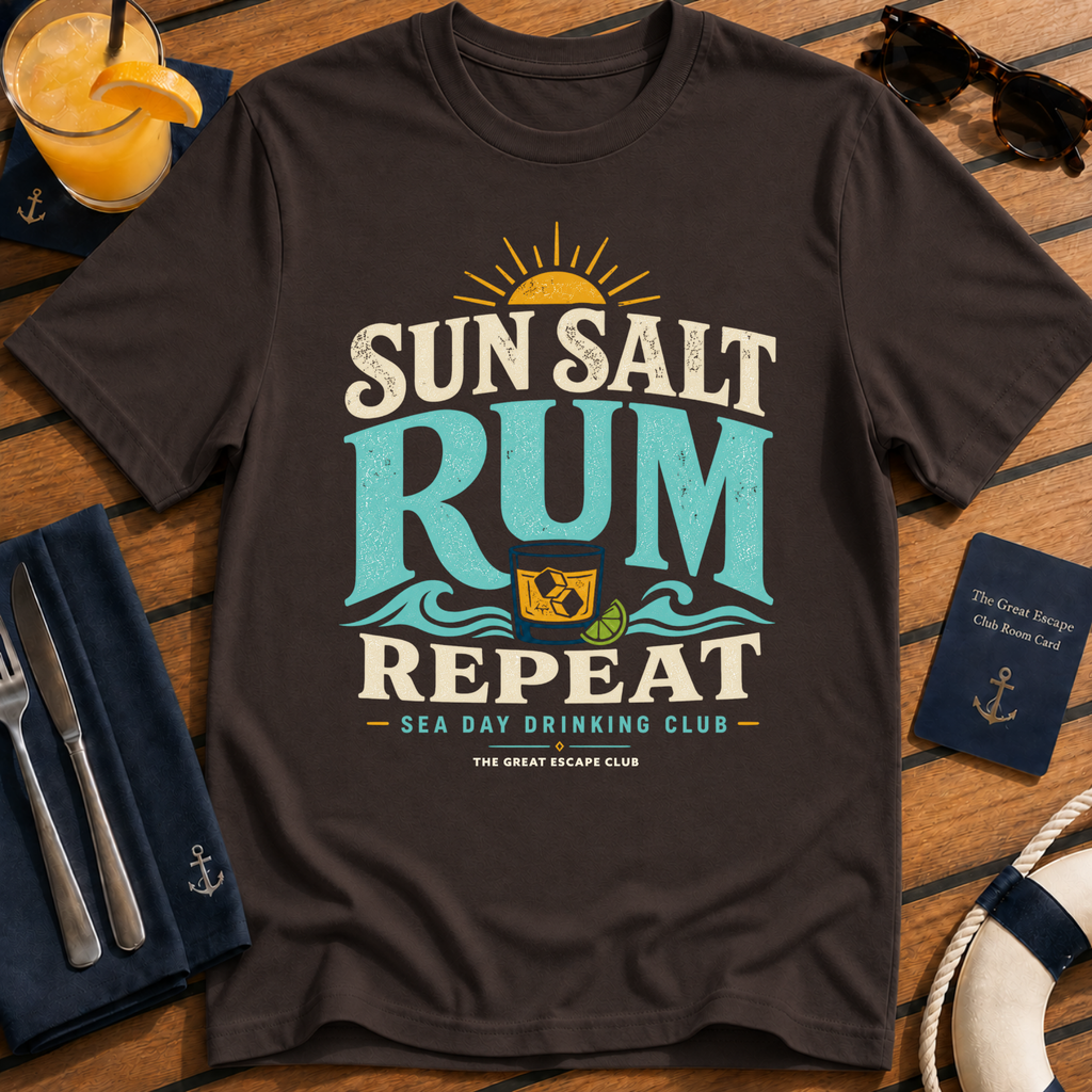 Sun Salt Rum Repeat funny cruise drinking t-shirt design on Dark Chocolate shirt