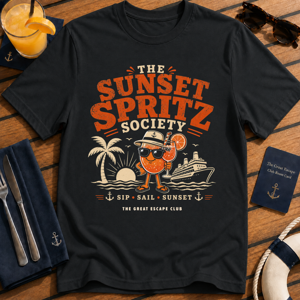 The Sunset Spritz Society stylish cruise cocktail black t-shirt for sunset drinks and spritz lovers by The Great Escape Club