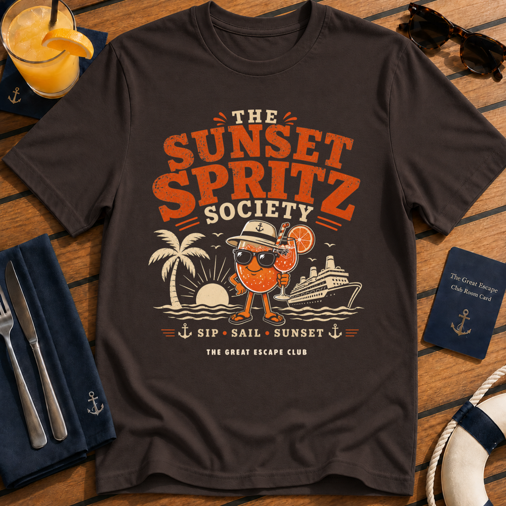 The Sunset Spritz Society stylish cruise cocktail dark chocolate t-shirt for sunset drinks and spritz lovers by The Great Escape Club