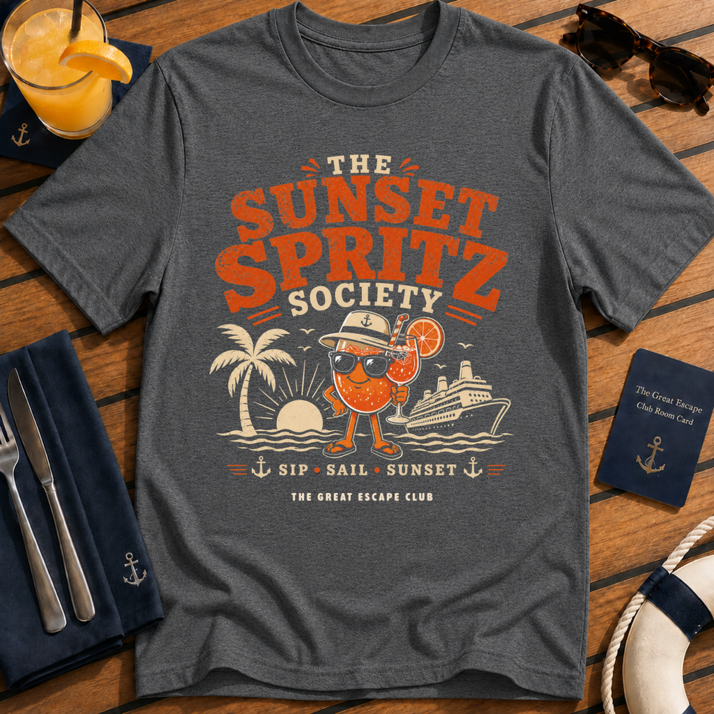 The Sunset Spritz Society stylish cruise cocktail dark heather grey t-shirt for sunset drinks and spritz lovers by The Great Escape Club