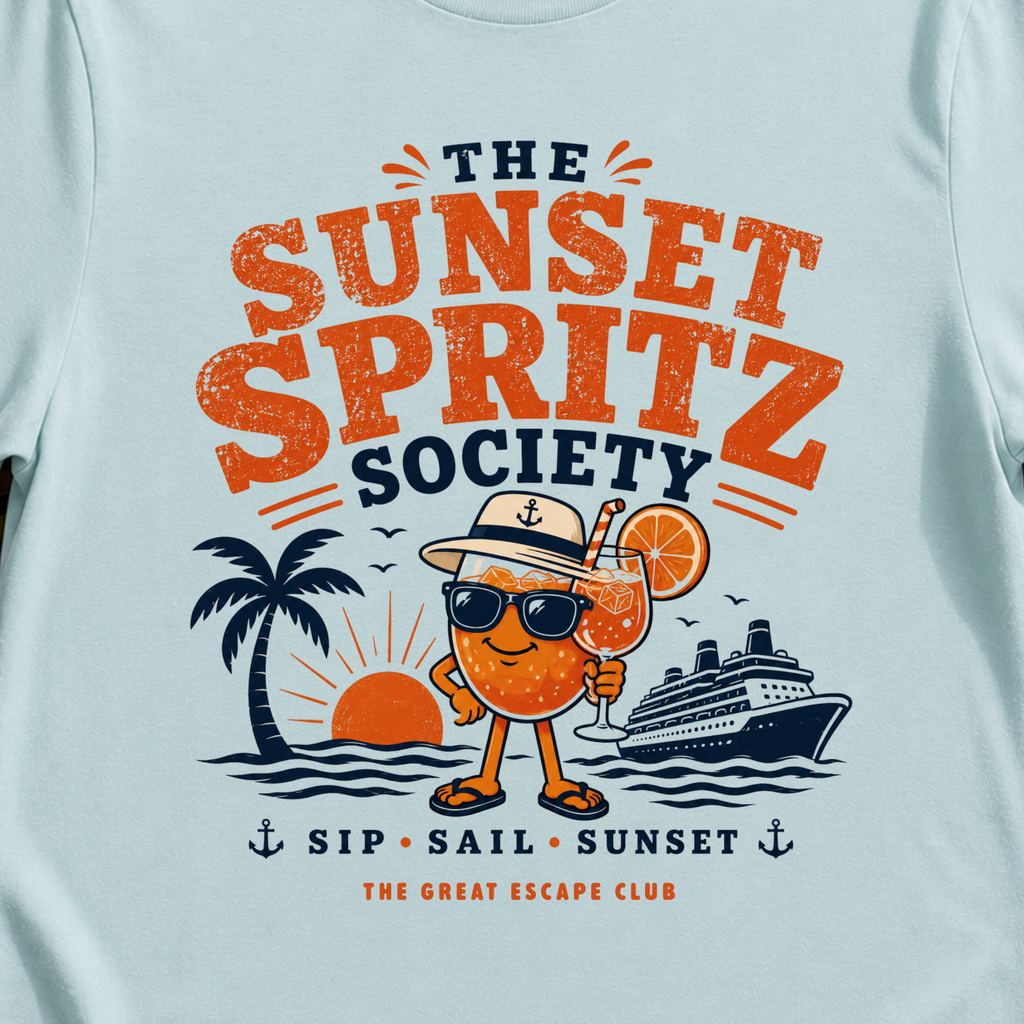 The Sunset Spritz Society stylish cruise cocktail light blue t-shirt for sunset drinks and spritz lovers by The Great Escape Club