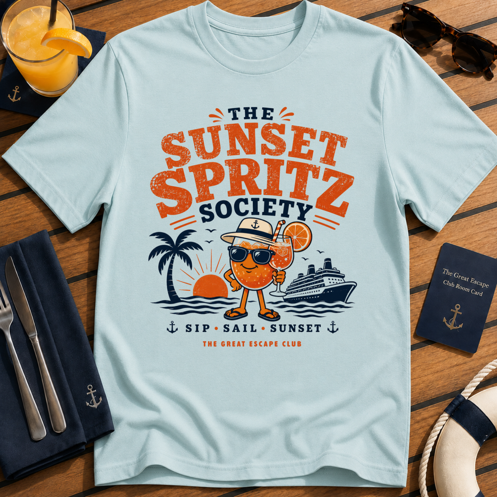 The Sunset Spritz Society stylish cruise cocktail light blue t-shirt for sunset drinks and spritz lovers by The Great Escape Club