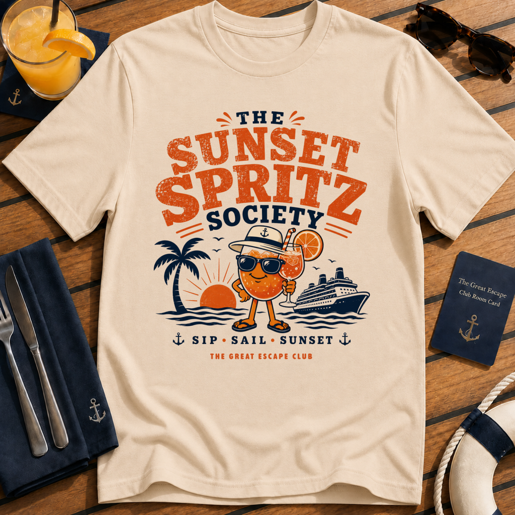 The Sunset Spritz Society stylish cruise cocktail natural tan t-shirt for sunset drinks and spritz lovers by The Great Escape Club
