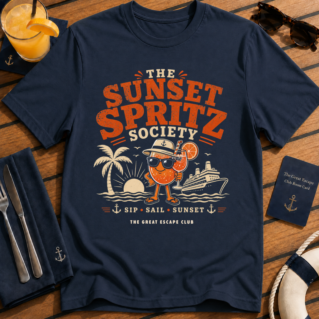 The Sunset Spritz Society stylish cruise cocktail navy t-shirt for sunset drinks and spritz lovers by The Great Escape Club