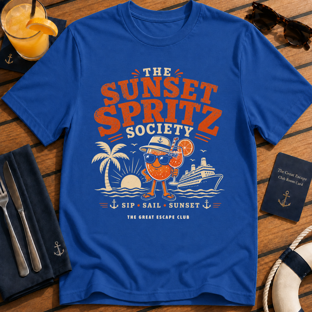 The Sunset Spritz Society stylish cruise cocktail royal blue t-shirt for sunset drinks and spritz lovers by The Great Escape Club