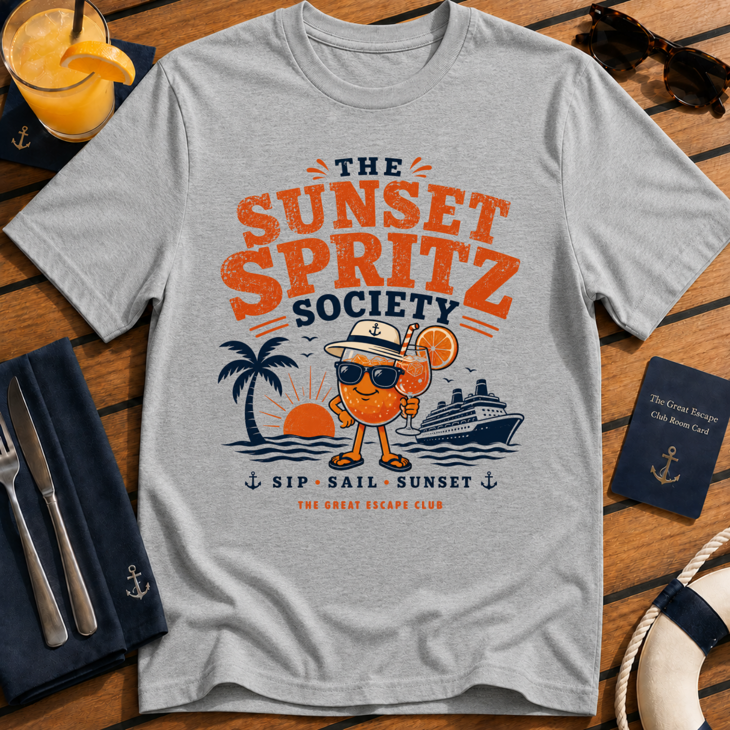 The Sunset Spritz Society stylish cruise cocktail sports grey t-shirt for sunset drinks and spritz lovers by The Great Escape Club