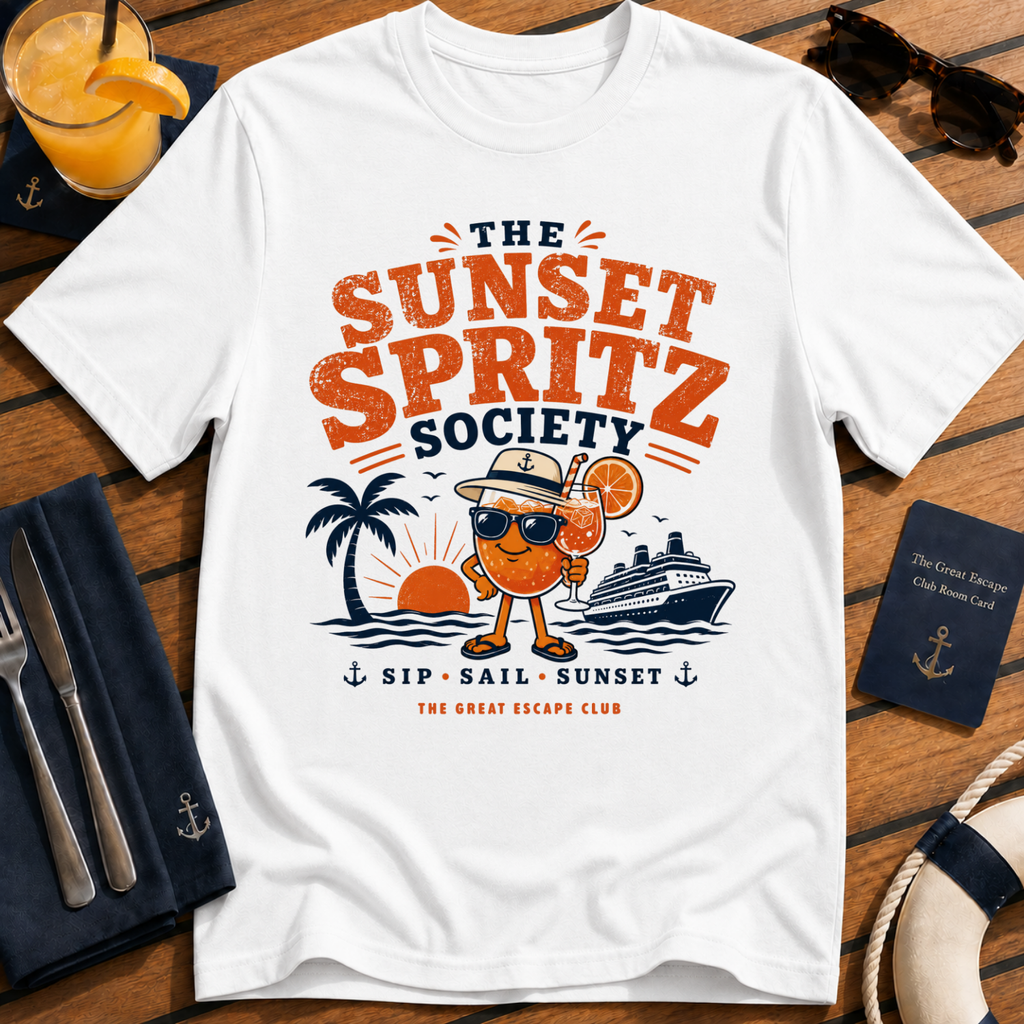 The Sunset Spritz Society stylish cruise cocktail white t-shirt for sunset drinks and spritz lovers by The Great Escape Club