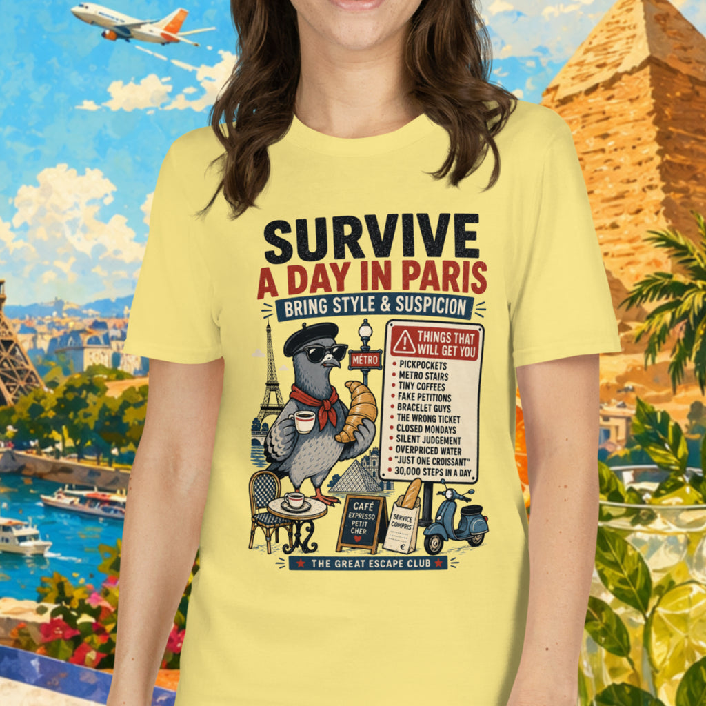 Woman wearing a yellow t-shirt with a graphic design in front of a colorful background with landmarks and travel items.