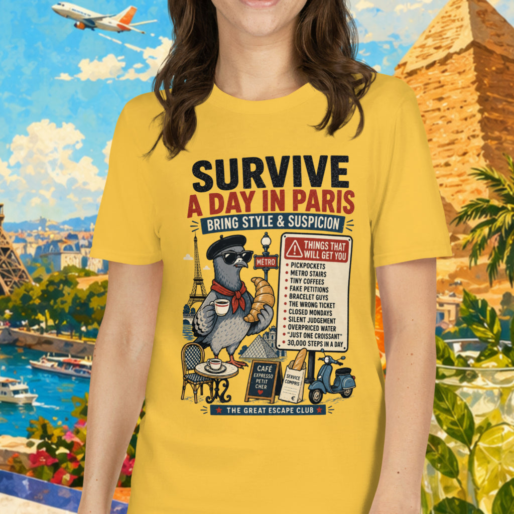 Woman wearing a yellow t-shirt with a graphic design in front of a colorful background with landmarks and tropical elements.