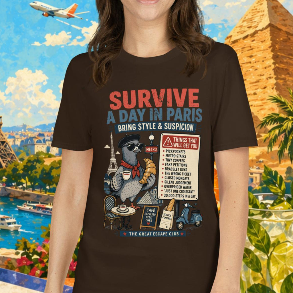 Survive a Day in Paris unisex T-shirt in dark chocolate featuring a funny Paris pigeon travel graphic with croissant, espresso and warning sign design.