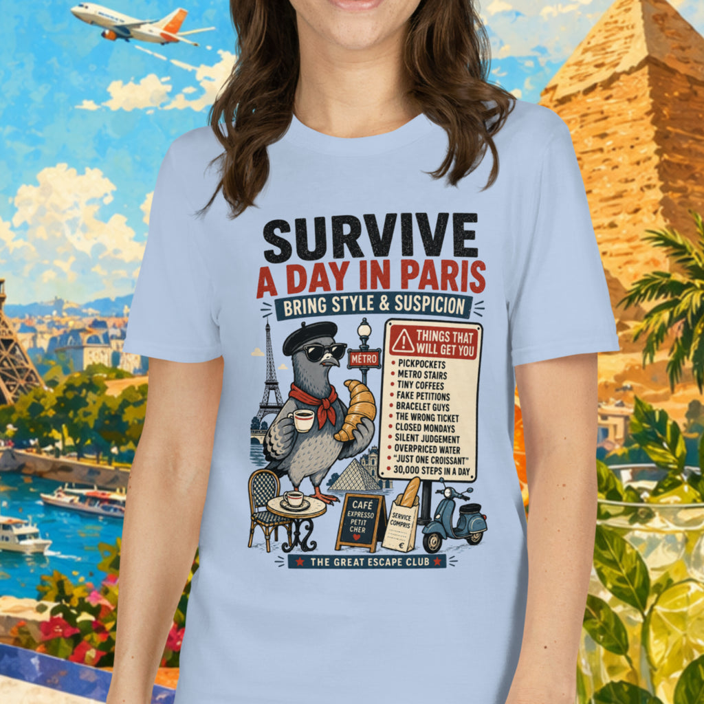 Woman wearing a t-shirt with a graphic design in front of a colorful background with Eiffel Tower and pyramids.