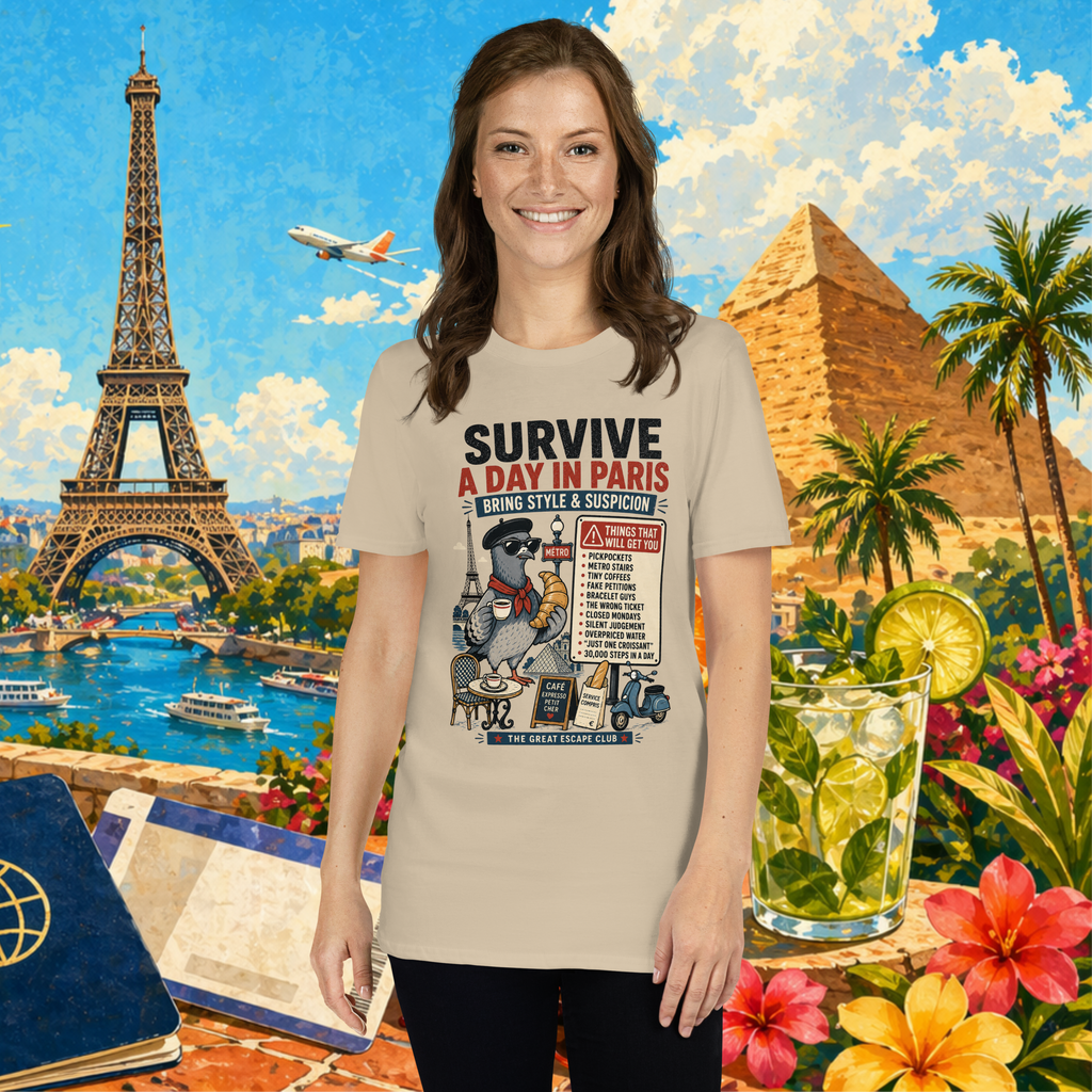 Woman wearing a t-shirt with a graphic design in front of a colorful background with landmarks and travel items.