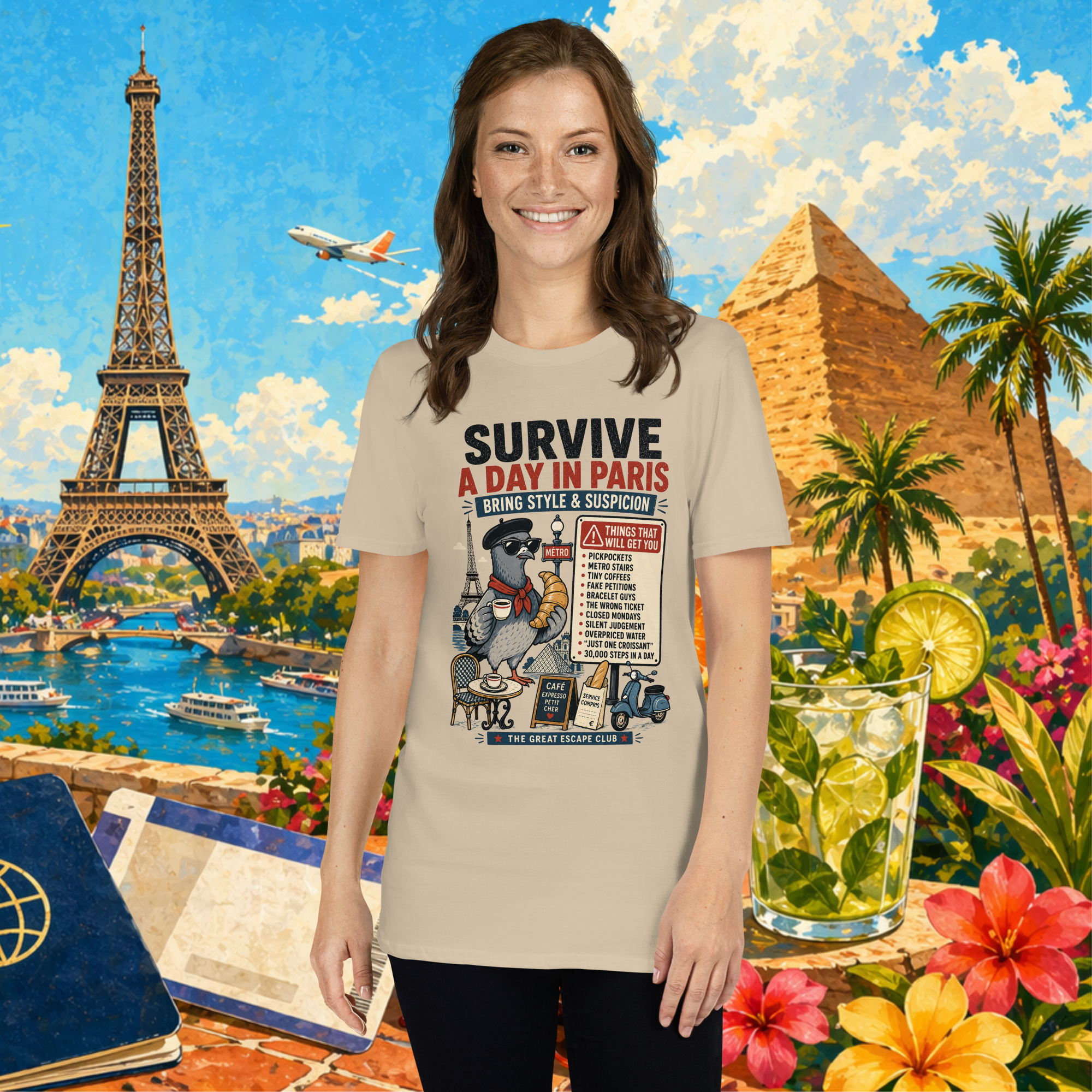 Woman wearing a t-shirt with a graphic design in front of a colorful background with landmarks and travel items.