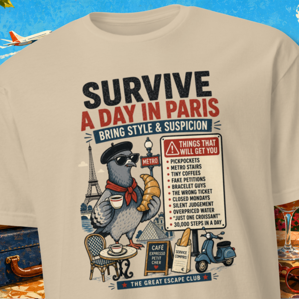 Survive a Day in Paris unisex T-shirt featuring a funny Paris pigeon travel graphic with croissant, espresso and warning sign design.
