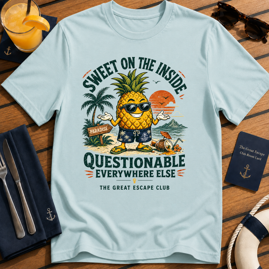 Sweet on the Inside Questionable Everywhere Else funny light blue pineapple t-shirt for tropical holiday lovers by The Great Escape Club
