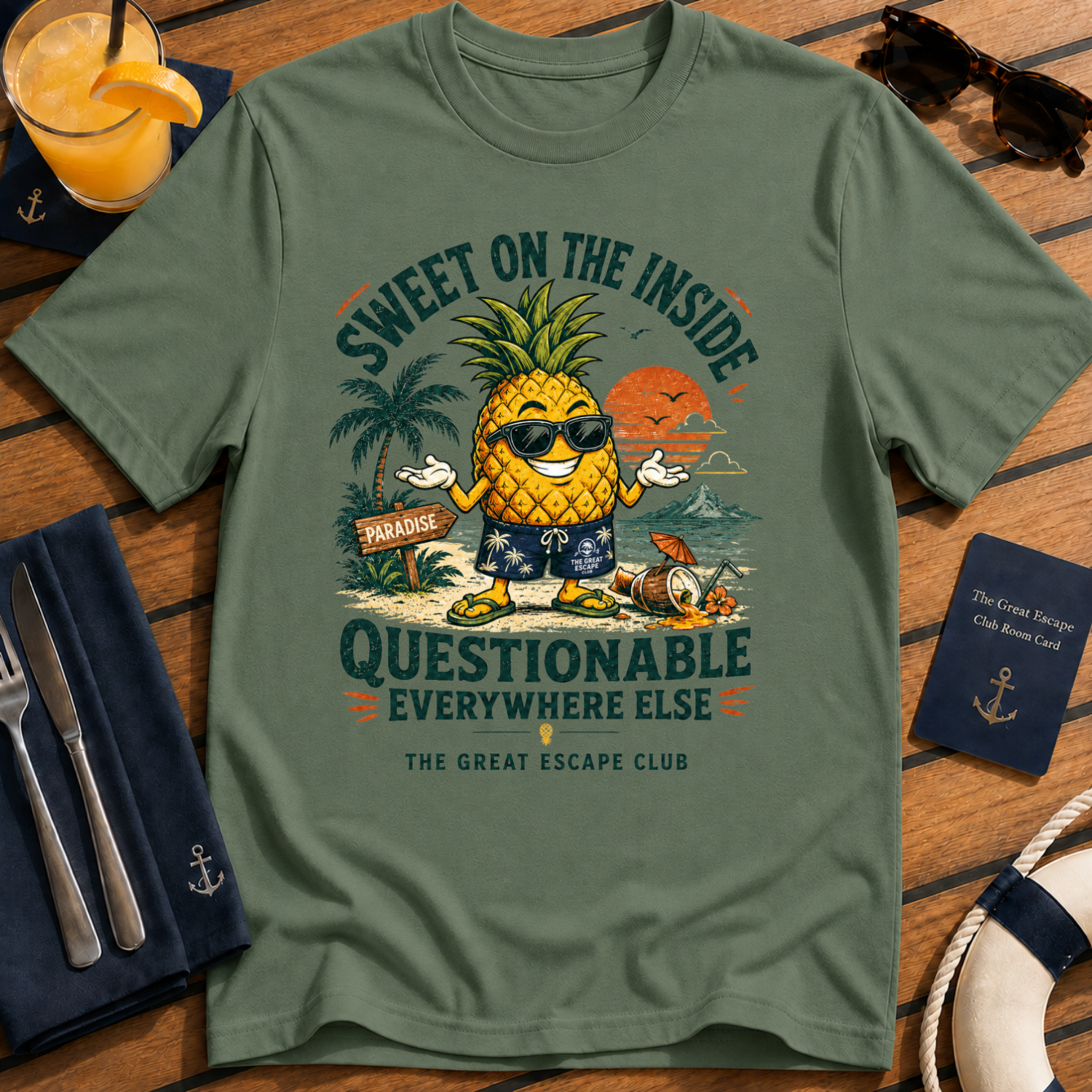 Sweet on the Inside Questionable Everywhere Else funny military green pineapple t-shirt for tropical holiday lovers by The Great Escape Club