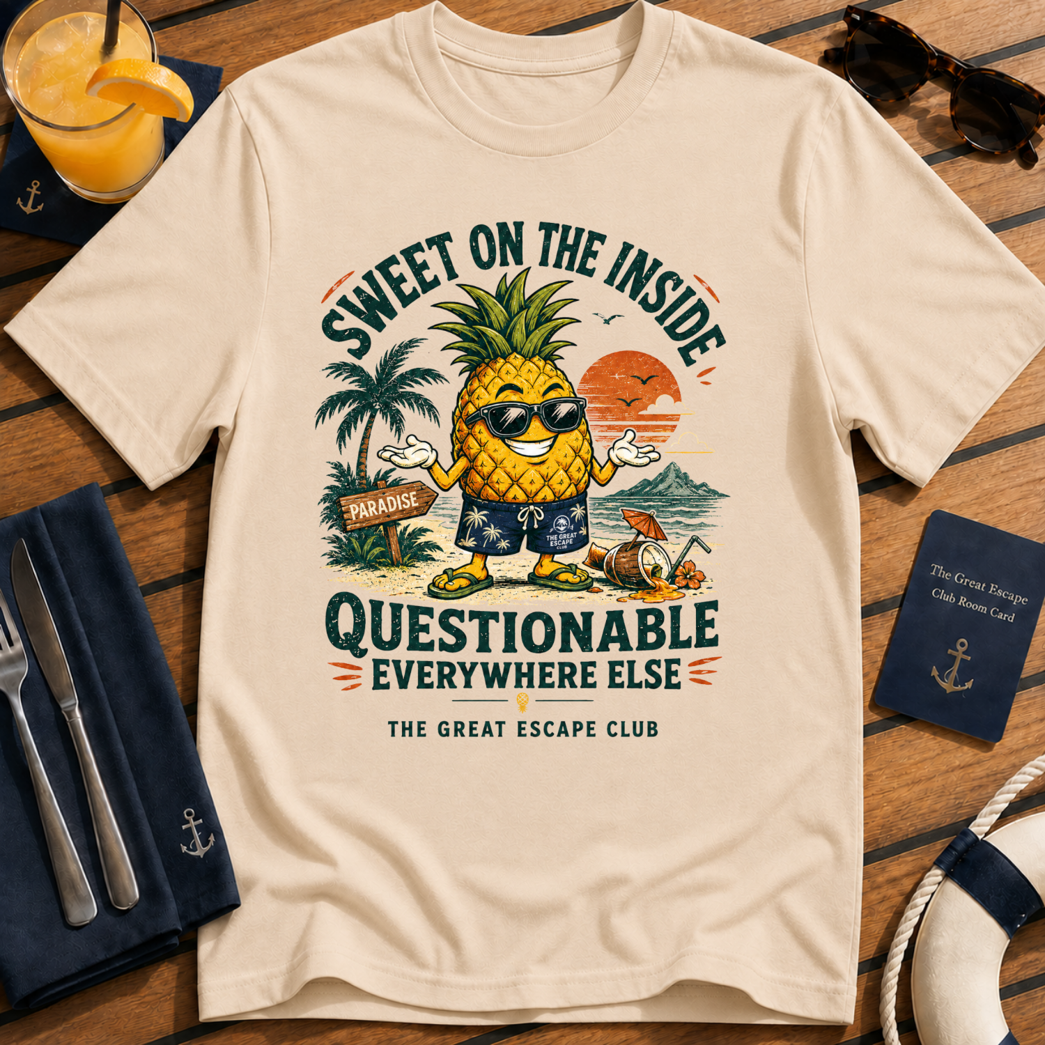 Sweet on the Inside Questionable Everywhere Else funny natural tan pineapple t-shirt for tropical holiday lovers by The Great Escape Club