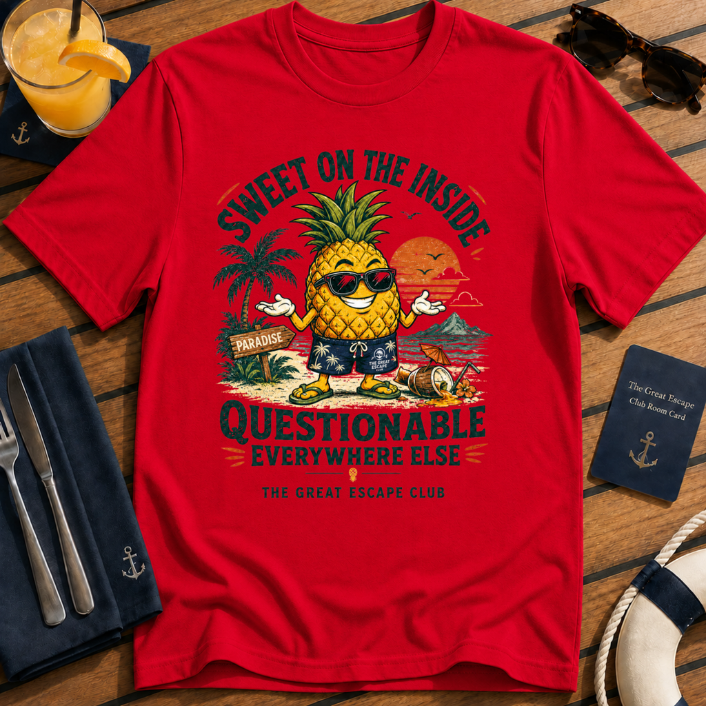 Sweet on the Inside Questionable Everywhere Else funny red pineapple t-shirt for tropical holiday lovers by The Great Escape Club
