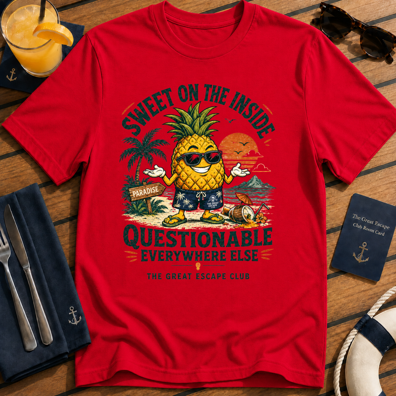 Sweet on the Inside Questionable Everywhere Else funny red pineapple t-shirt for tropical holiday lovers by The Great Escape Club