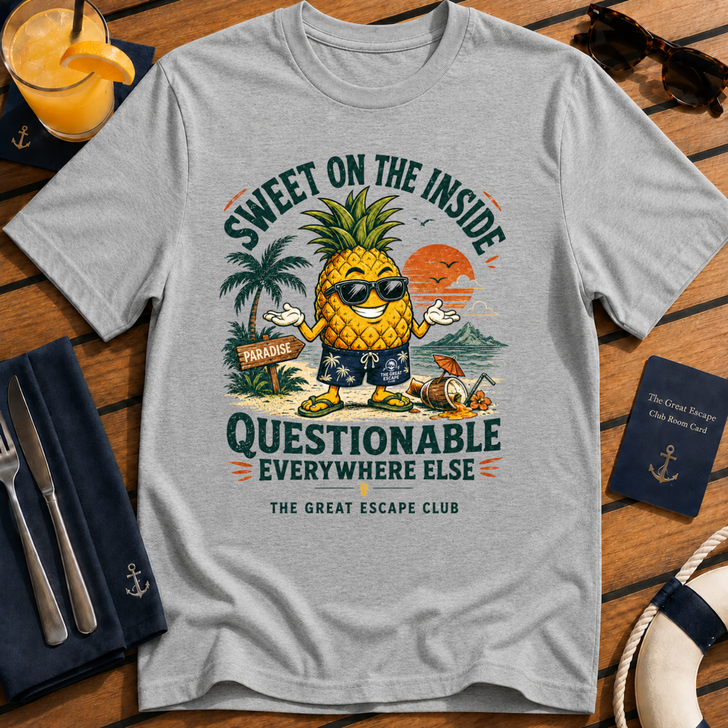 Sweet on the Inside Questionable Everywhere Else funny pineapple sports grey t-shirt for tropical holiday lovers by The Great Escape Club