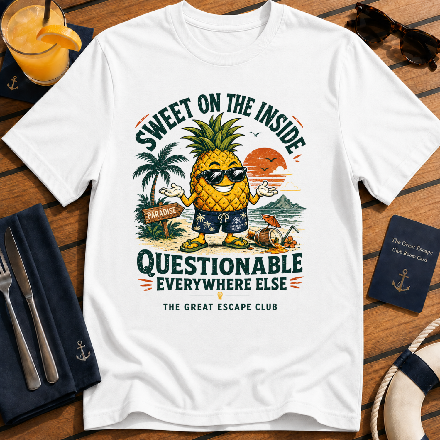 Sweet on the Inside Questionable Everywhere Else funny white pineapple t-shirt for tropical holiday lovers by The Great Escape Club
