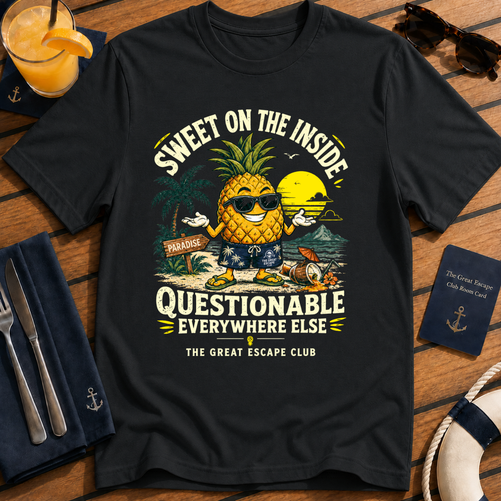 Sweet on the Inside funny pineapple cruise t-shirt design on Black shirt