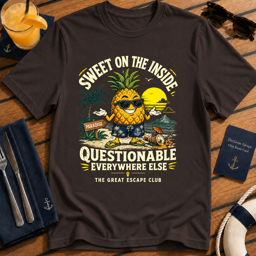 Sweet on the Inside funny pineapple cruise t-shirt design on Dark Chocolate shirt