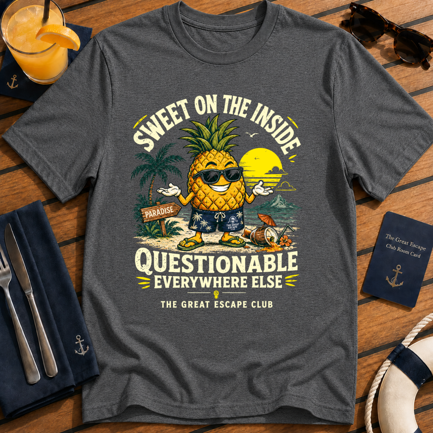 Sweet on the Inside funny pineapple cruise t-shirt design on Dark Heather shirt