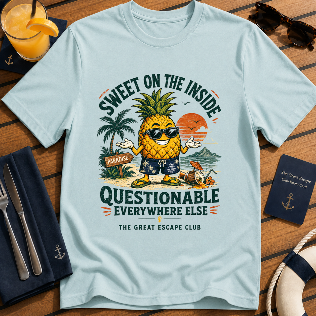 Sweet on the Inside funny pineapple cruise t-shirt design on Light Blue shirt