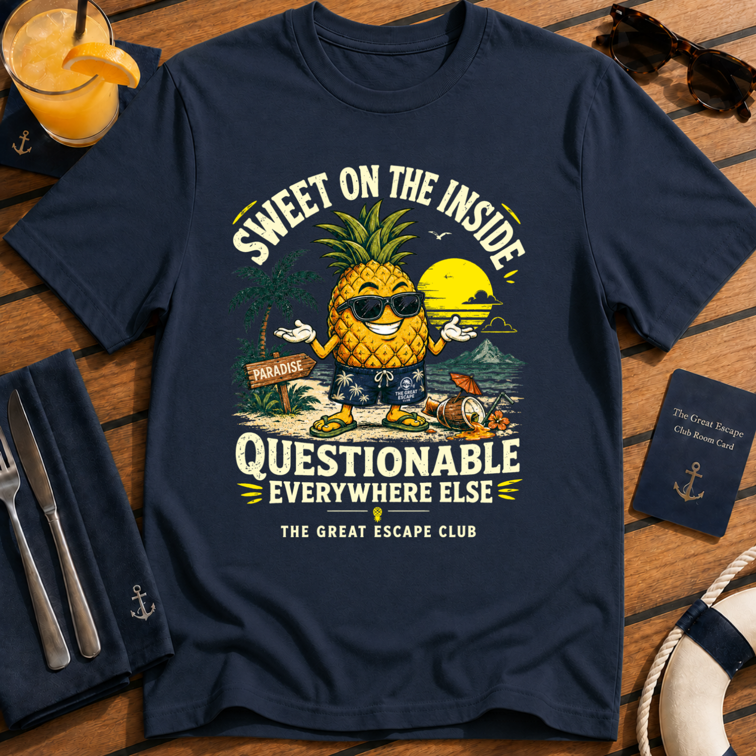 Sweet on the Inside funny pineapple cruise t-shirt design on Navy shirt