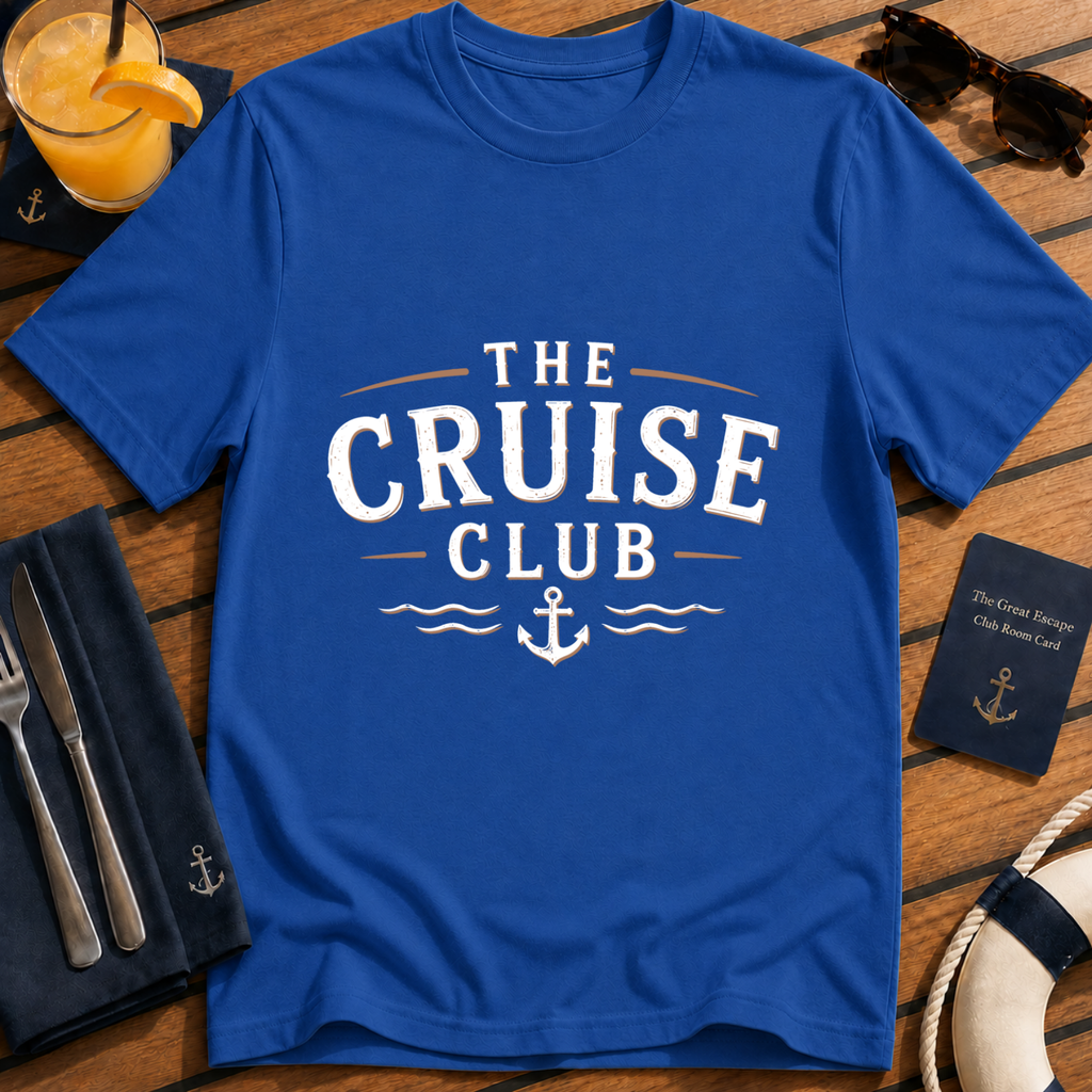 Classic cruise royal blue t-shirt for sea days, ocean lovers and holiday crews. Perfect for cruise vacations, matching groups, embarkation day and travel fans.