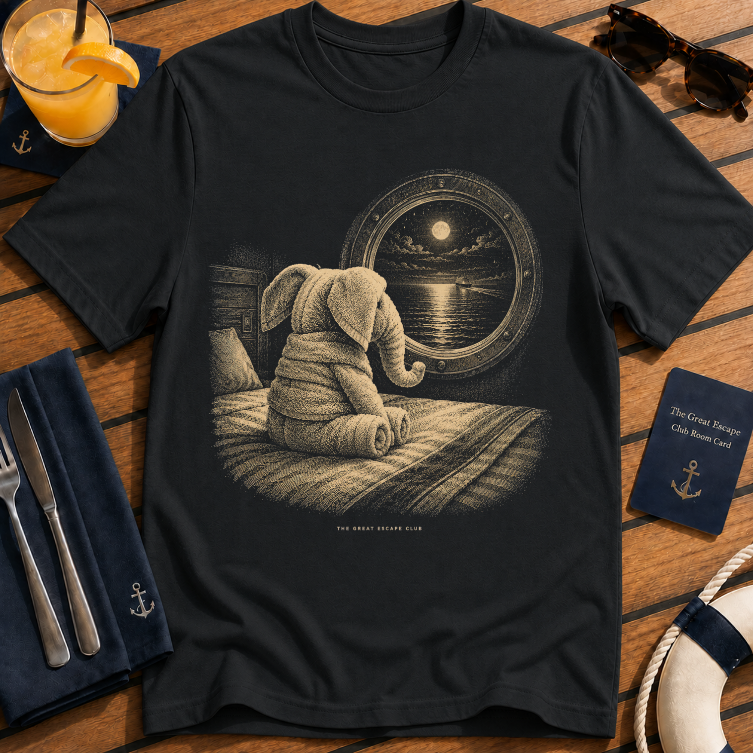 The Last Towel Elephant nostalgic cruise towel animal t-shirt design on Black shirt