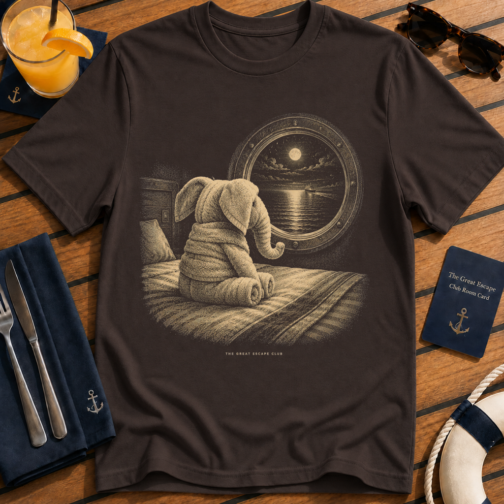 The Last Towel Elephant nostalgic cruise towel animal t-shirt design on Dark Chocolate shirt