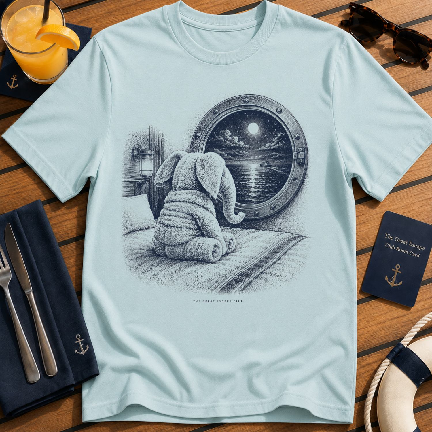The Last Towel Elephant nostalgic cruise towel animal t-shirt design on Light Blue shirt