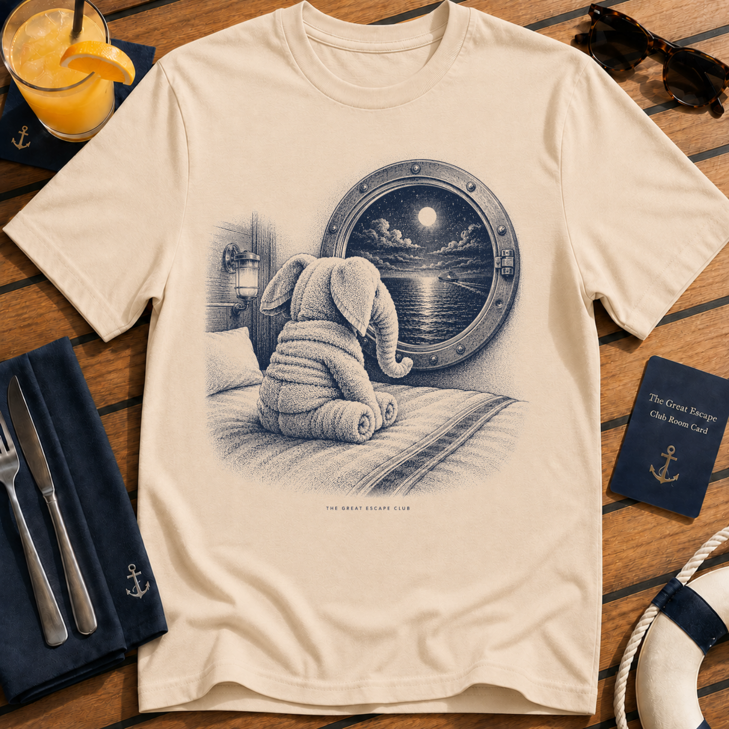 The Last Towel Elephant nostalgic cruise towel animal t-shirt design on Natural shirt