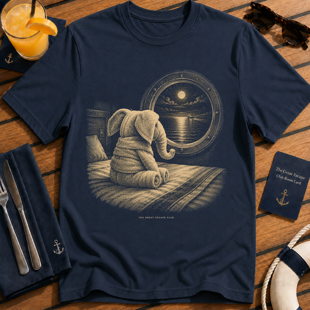 The Last Towel Elephant nostalgic cruise towel animal t-shirt design on Navy shirt