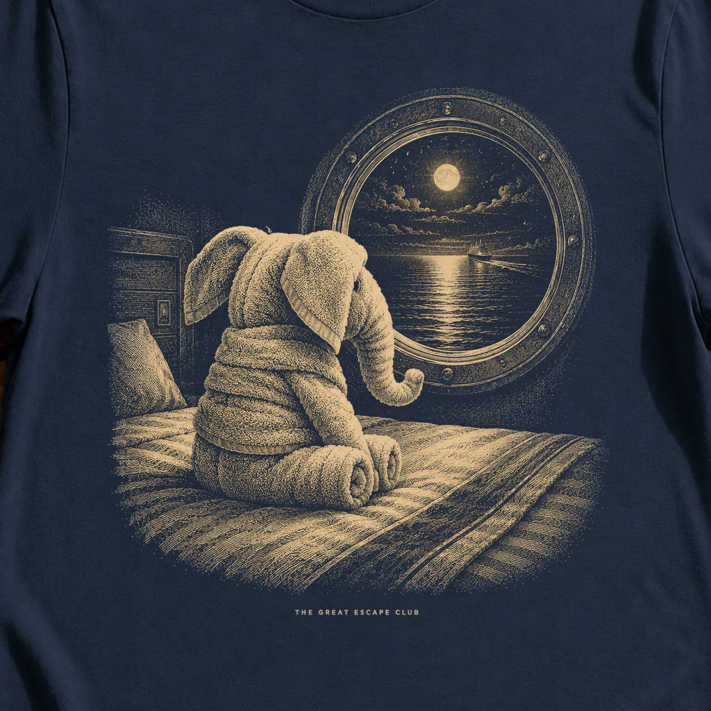 The Last Towel Elephant nostalgic cruise towel animal t-shirt design on Navy shirt