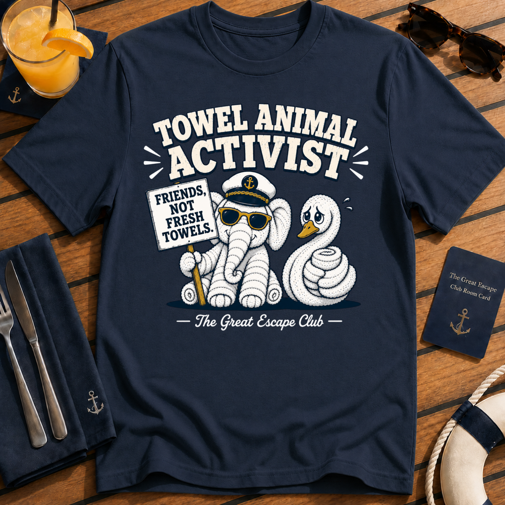 Towel Animal Activist funny towel animal cruise t-shirt design on Navy shirt