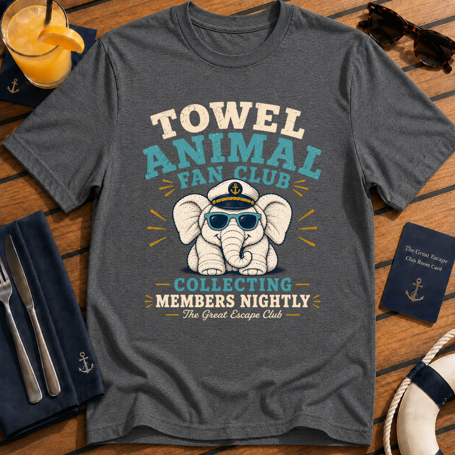 Towel Animal Fan Club funny towel animal cruise t-shirt design on Dark Heather shirt