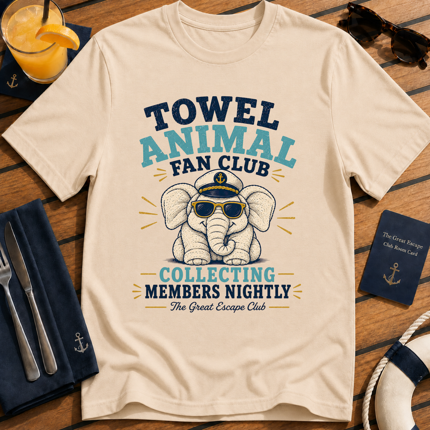 Towel Animal Fan Club funny towel animal cruise t-shirt design on Natural shirt
