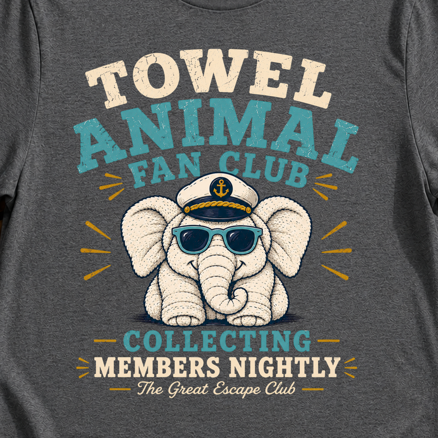 Towel Animal Fan Club funny towel animal cruise t-shirt design on Dark Heather shirt