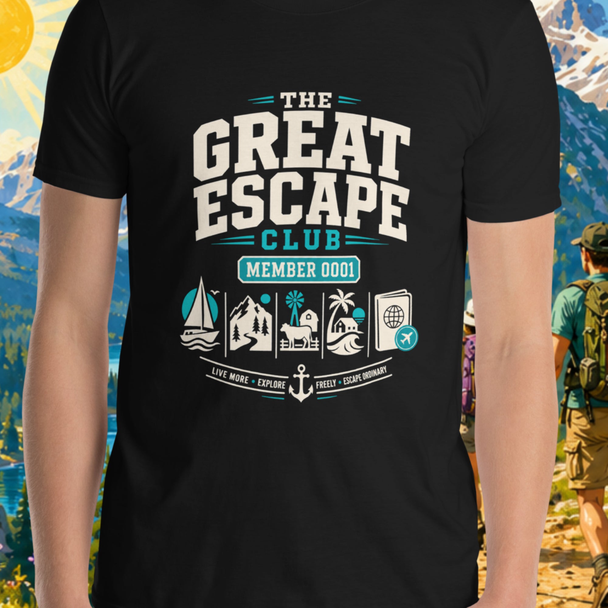 Person wearing a black t-shirt with 'The Great Escape Club' design against a mountainous landscape.