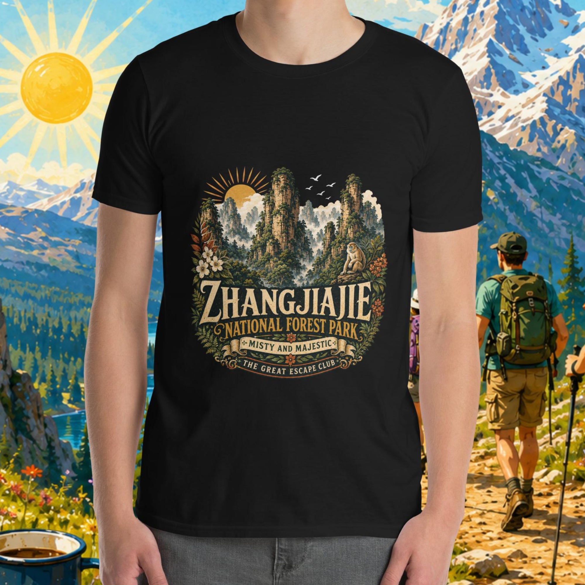 Person wearing a black t-shirt with Zhangjiajie National Forest Park design against a scenic mountain backdrop.