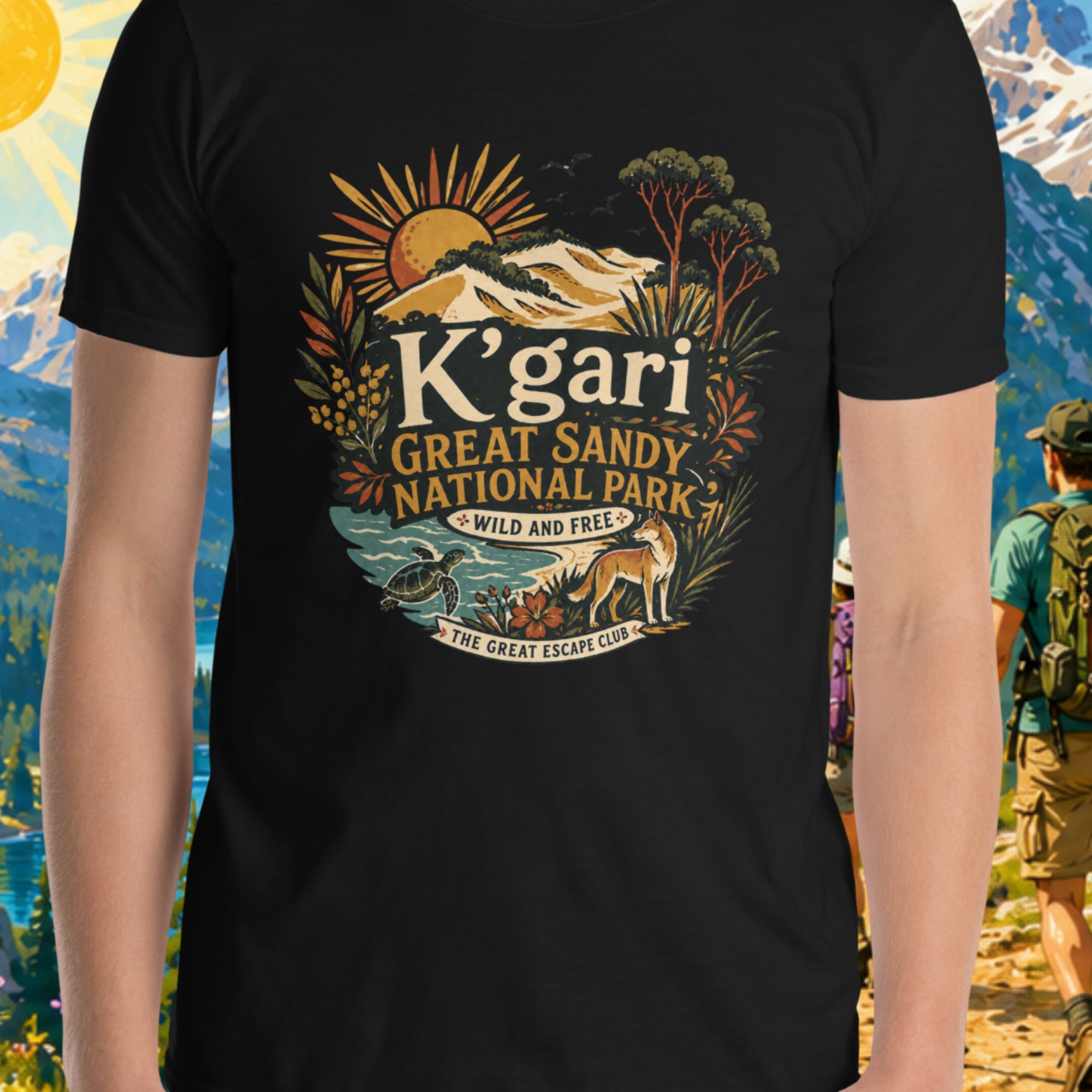 K'gari Great Sandy National Forest Park unisex Black T-shirt featuring a vintage Australian national park design with The Great Escape Club branding. Fraser Island.