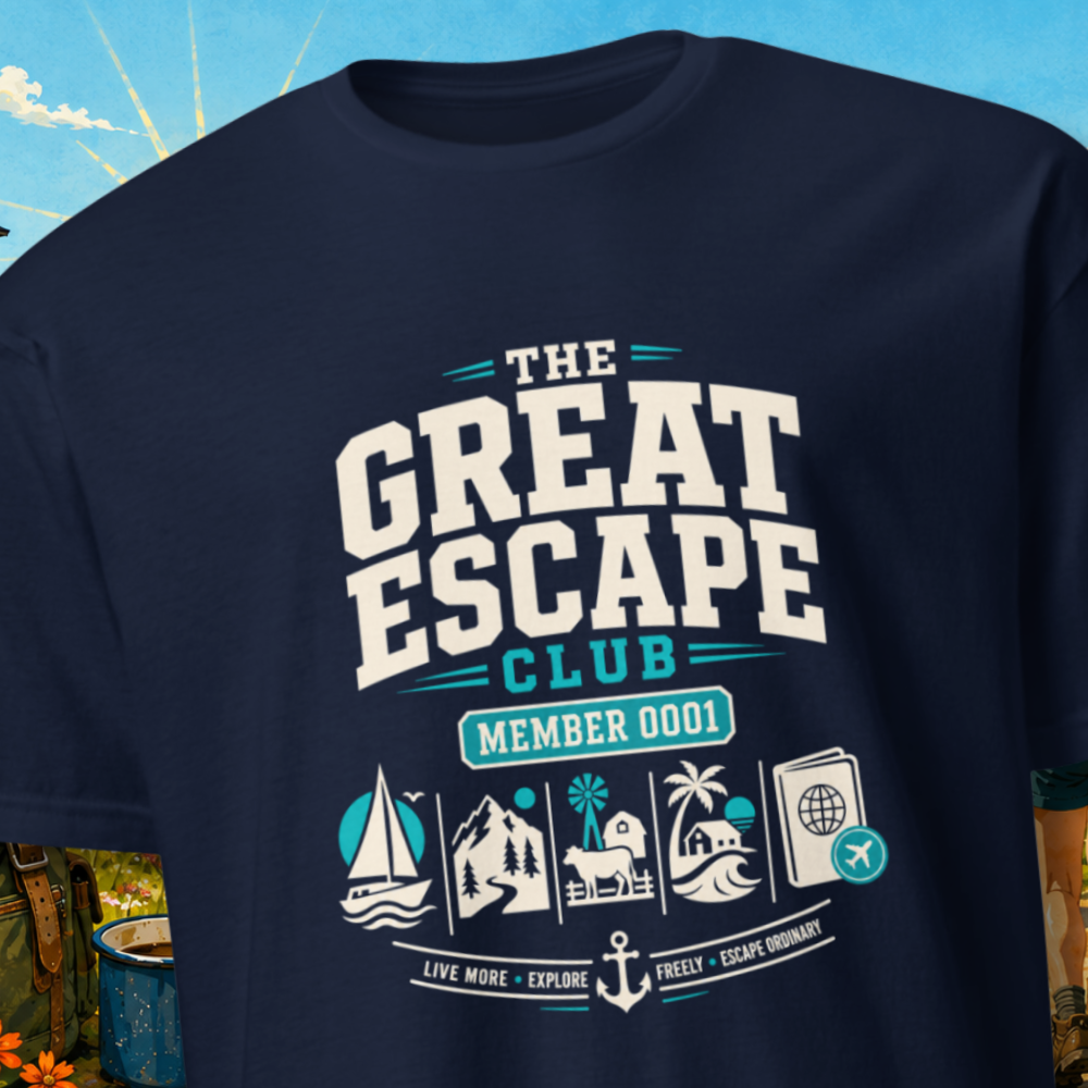 Navy blue t-shirt with 'The Great Escape Club' design on a scenic background