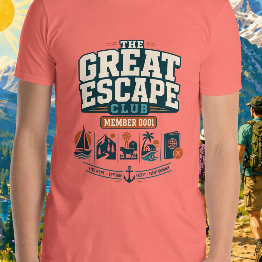 Person wearing a pink t-shirt with 'The Great Escape Club' design against a scenic mountain backdrop.
