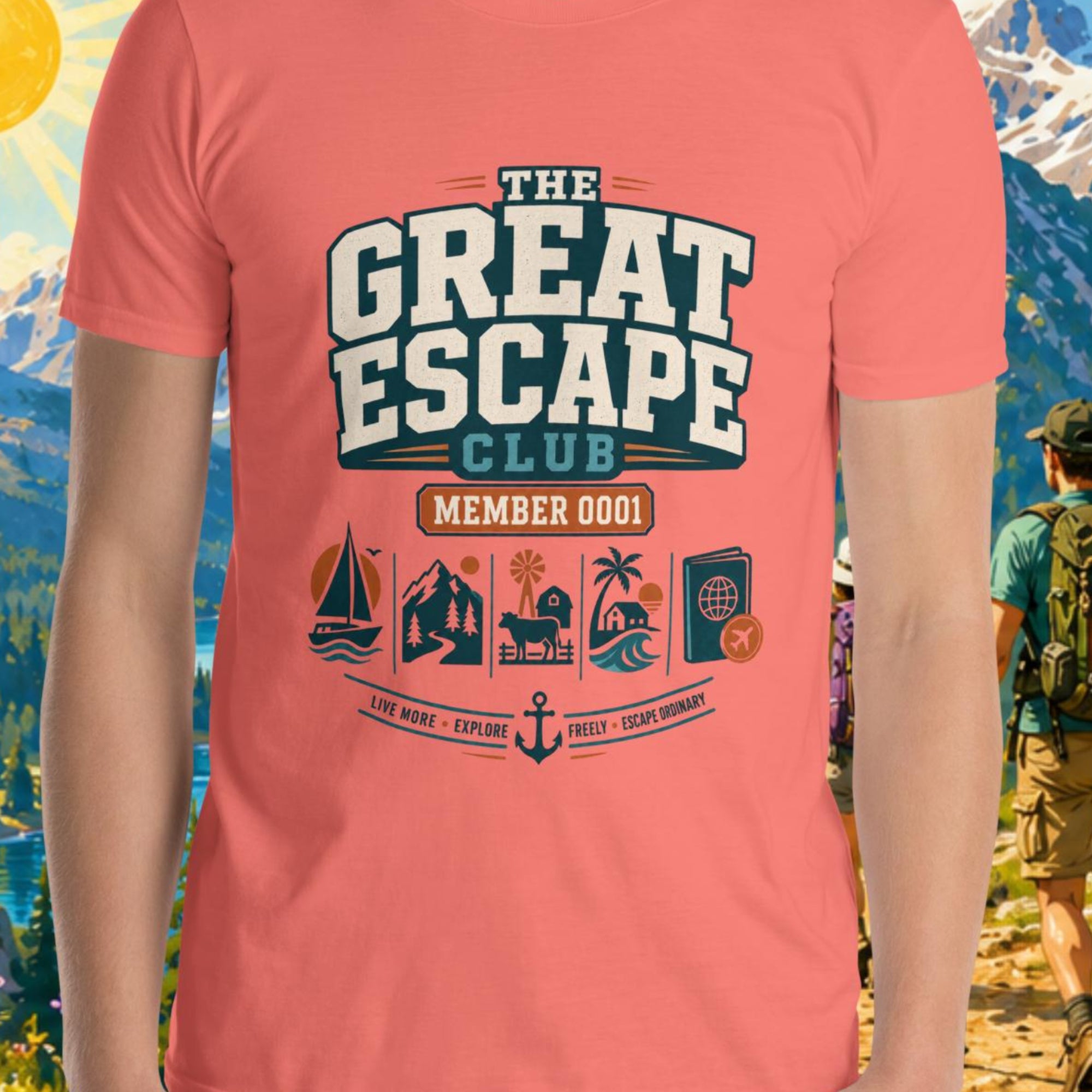 Person wearing a pink t-shirt with 'The Great Escape Club' design against a scenic mountain backdrop.