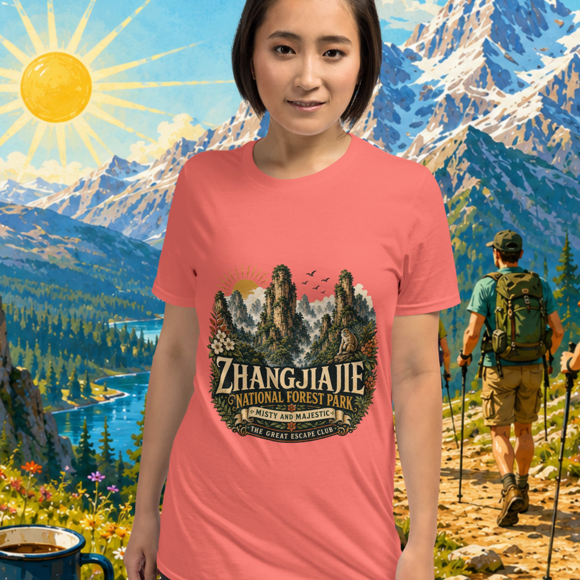 Woman wearing a peach t-shirt with Zhangjiajie National Forest Park design, standing in front of a scenic mountain backdrop.
