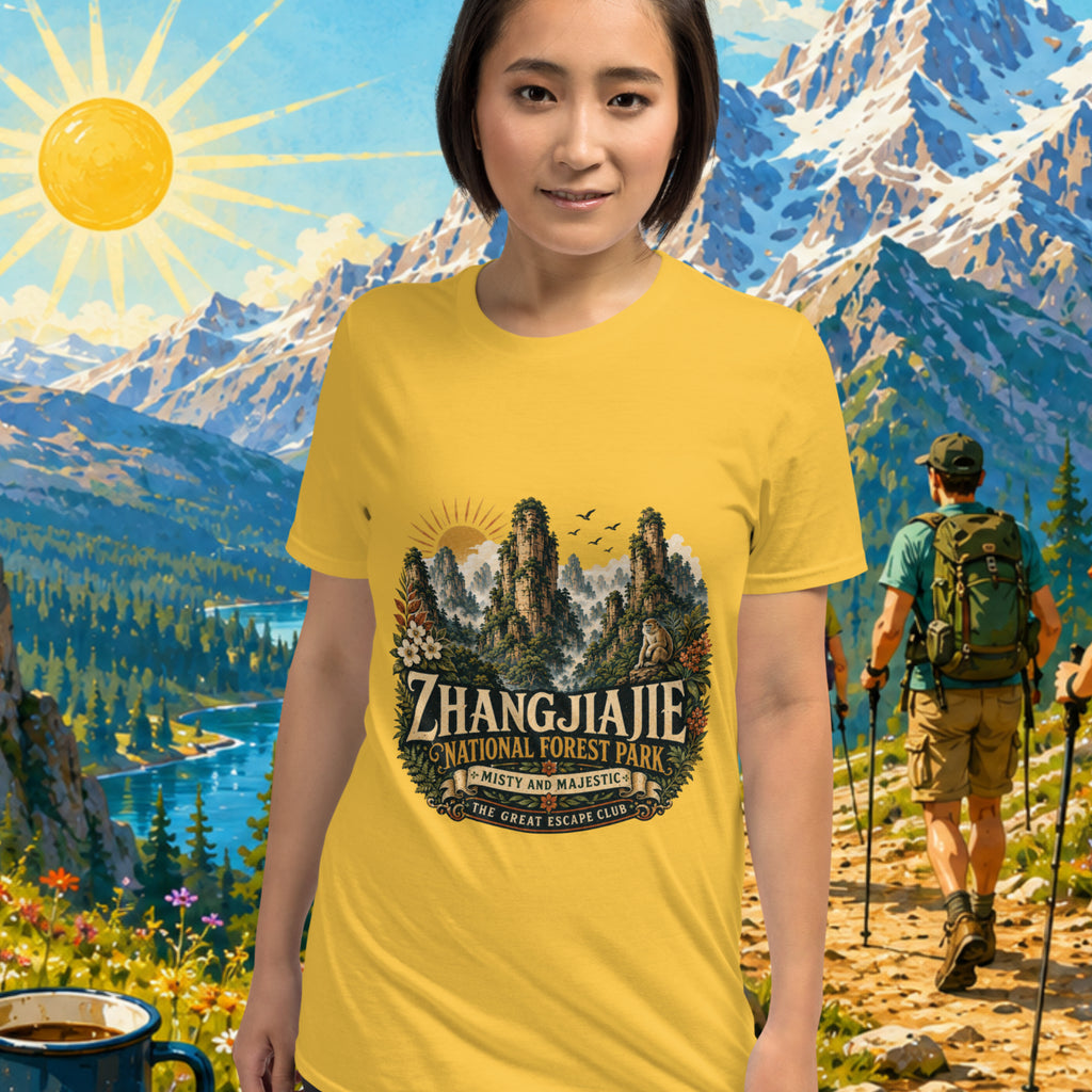 Woman wearing a yellow t-shirt with Zhangjiajie National Forest Park design, standing in front of a scenic mountain backdrop.