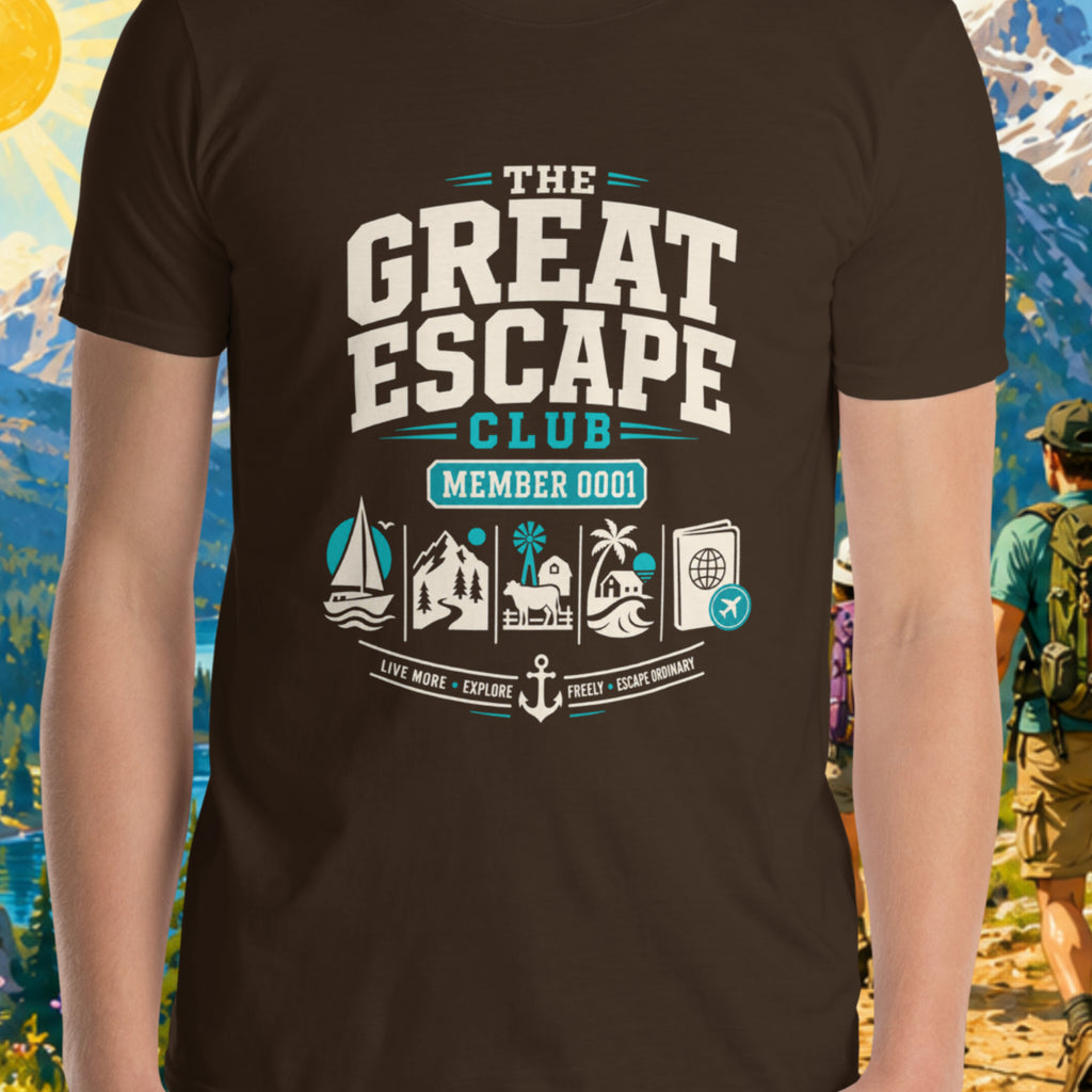 Black t-shirt with 'The Great Escape Club' design in front of a scenic background